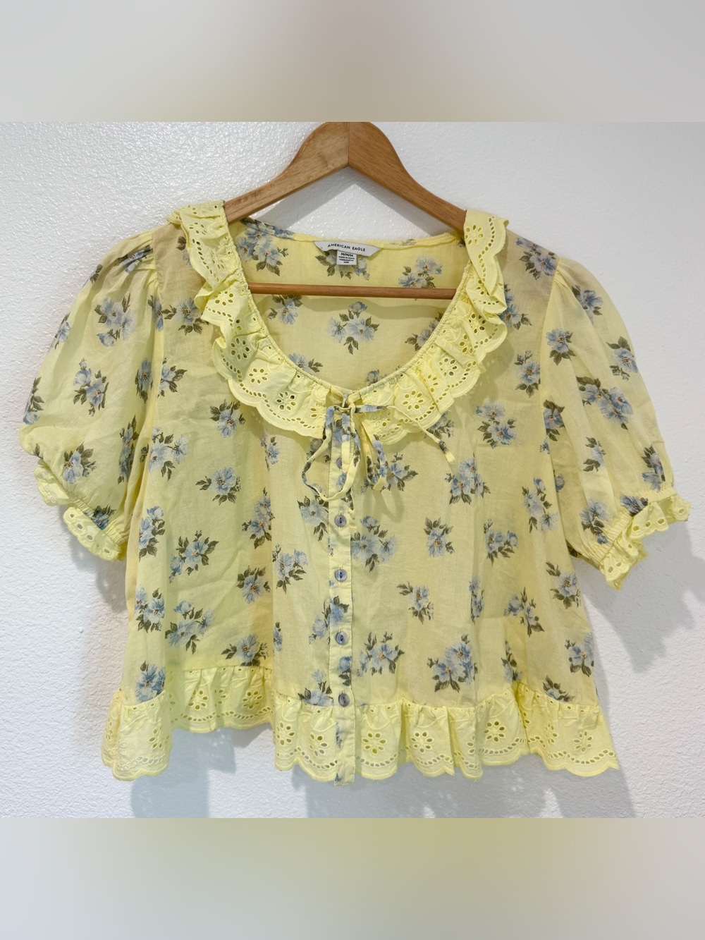 American Eagle Yellow Floral Ruffle Puff Sleeve Cottagecore Prairie Blouse M